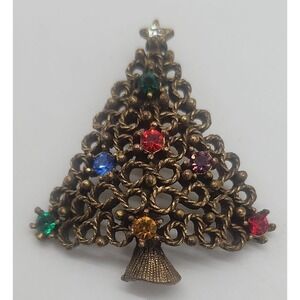 Vintage JJ Jonette gold tone rhinestone holiday Christmas Tree brooch pin